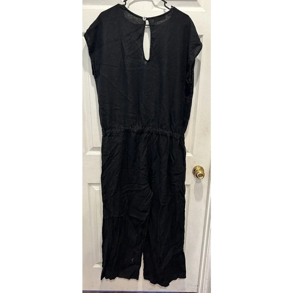 Bryn Walker 100% LINEN JUMPSUIT Size Large Cinched Waist Short Sleeve Black‎ - Picture 6 of 8